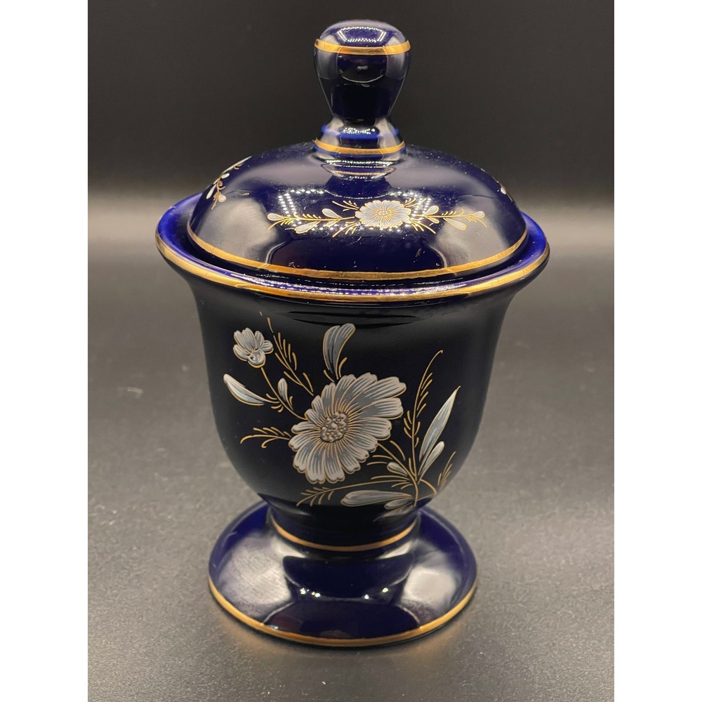 Vintage R. Limoges Cobalt Blue Gold Plated Porcelain Lidded Urn Floral Jar
